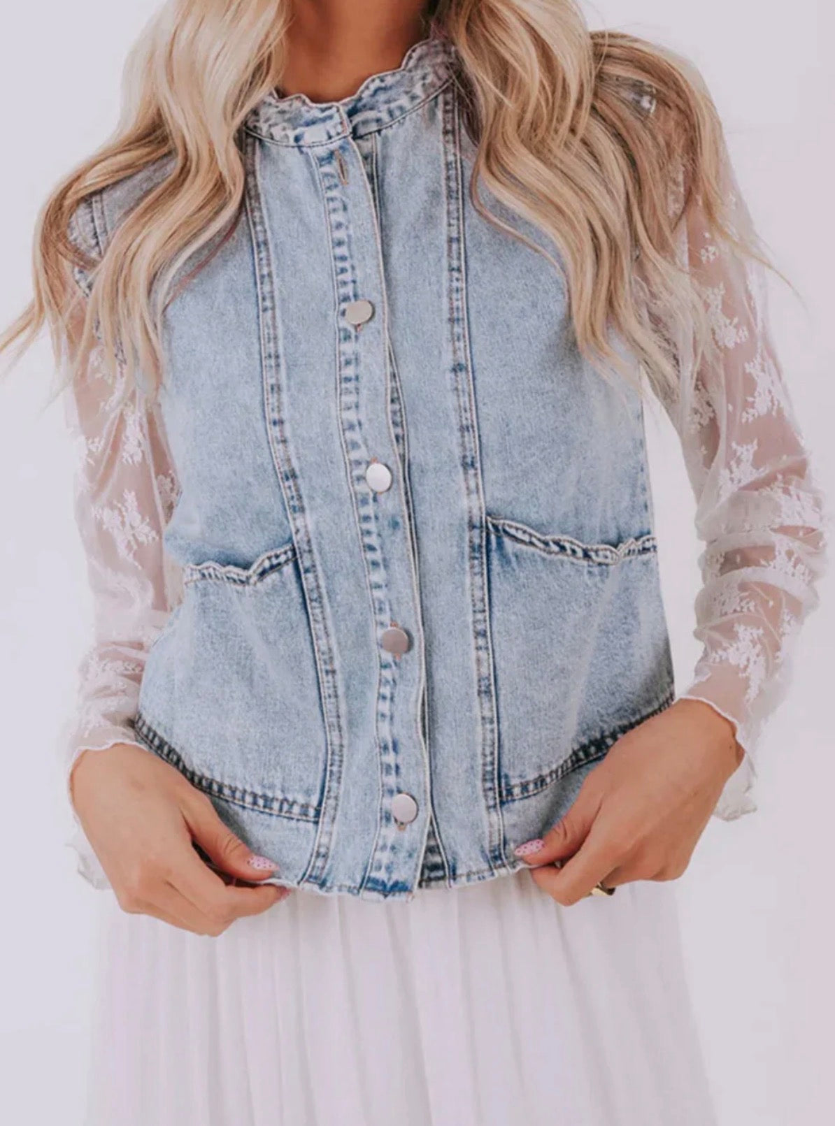 Scalloped Pocket Denim Vest