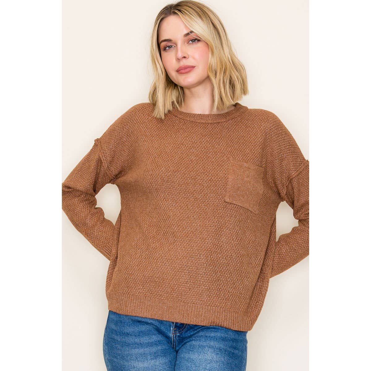 CREW NECK WAFFLE PULLOVER SWEATER