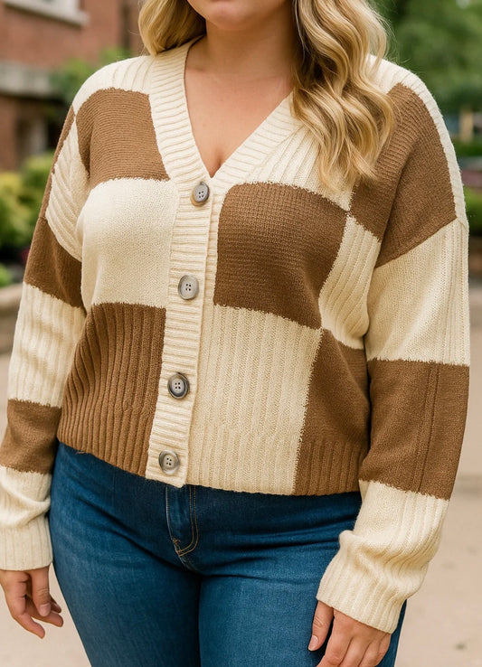 Checkered Ribbed Plus Cardigan