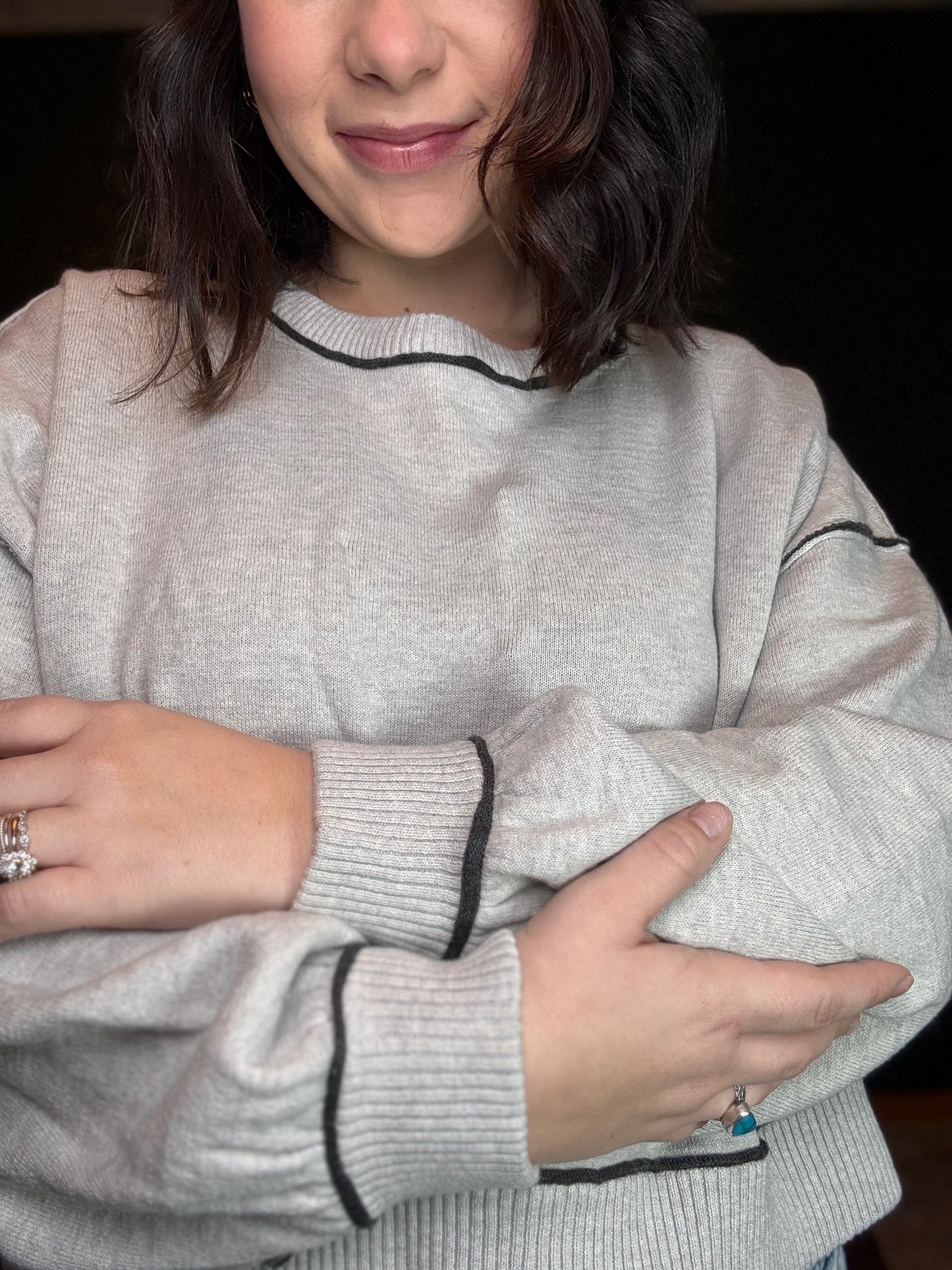 Knit Sweater Boat Neck Contrast Seam Pullover Top