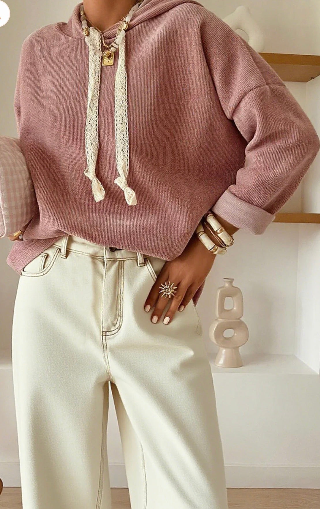 Lace Drawstring Baggy Hoodie
