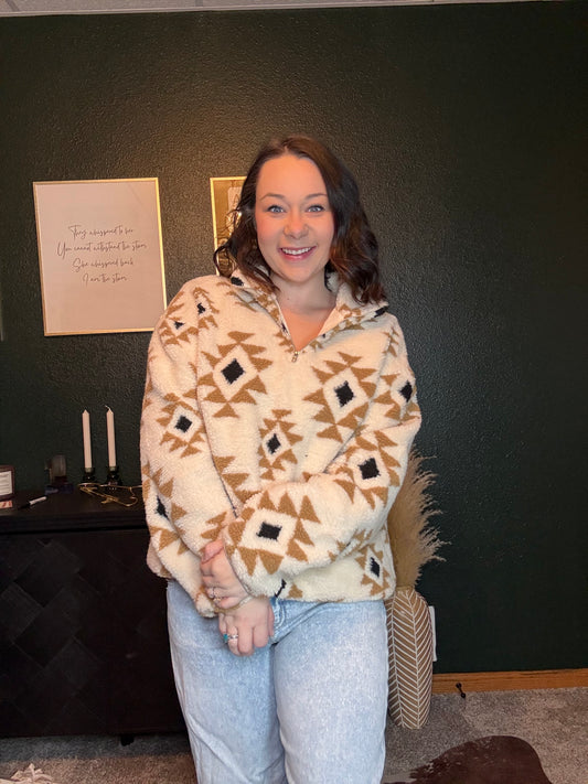 Western Print Sherpa Quarter Zip Collar Sweatshirt