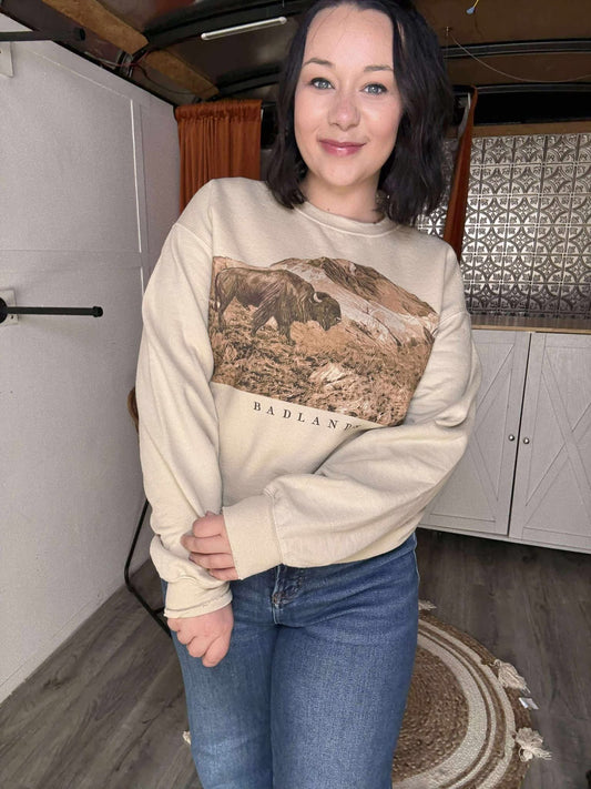 Badlands Bison Sand Thrifted Graphic Sweatshirt