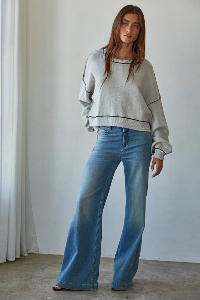 Knit Sweater Boat Neck Contrast Seam Pullover Top